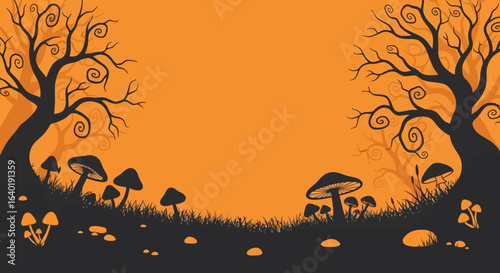 Halloween-themed vector illustration of trees and mushrooms on orange background  