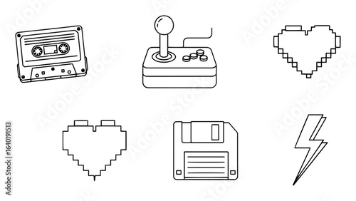 retro tech icons cassette joystick floppy pixel heart vector set