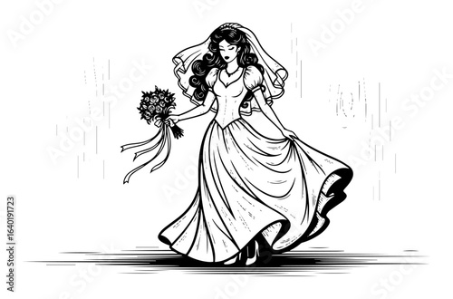 elegant bride walking with bouquet hand drawn sketch vector illustration