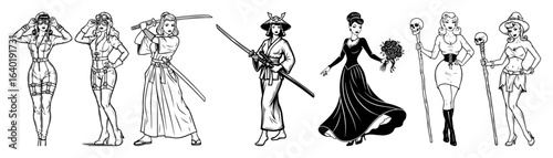 women in diverse fantasy costumes character collection vector set