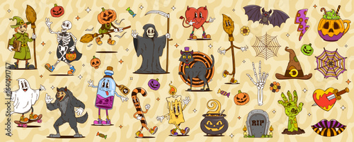 Cartoon groovy Halloween characters and holiday symbols. Retro psychedelic vector personages of horror pumpkin, spooky ghost and skeleton. Groovy spooky zombie, bat, Halloween trick or treat candies