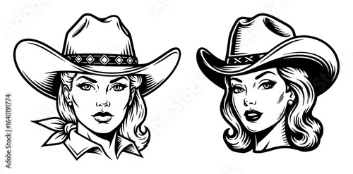 beautiful cowgirl woman in cowboy hat vintage western portrait vector black illustration shape for laser cutting and engraving
