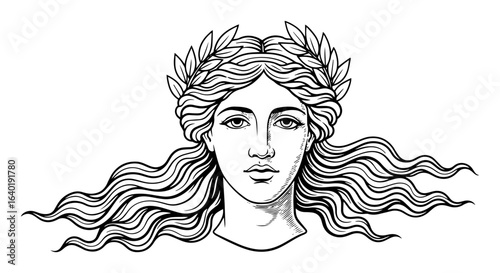 beautiful greek goddess with laurel wreath mythology face vector black illustration shape for laser cutting and engraving