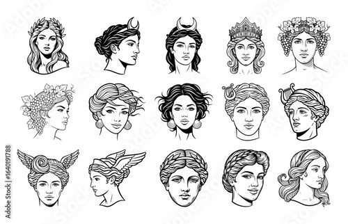 greek gods and goddesses portraits mythology characters set vector black illustration shape for laser cutting and engraving