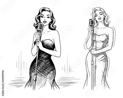 retro singer woman with vintage microphone vector illustration