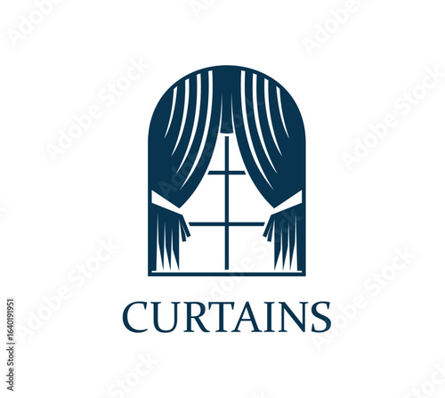 Window curtain icon for home interior or textile decor salon, vector emblem. Vintage house window with curtain drapes or portiere folds on ribbons for concert hall or musical opera house sign