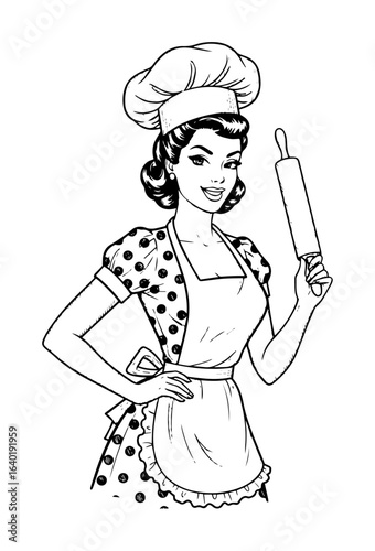 retro woman baker with rolling pin line illustration