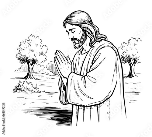 jesus christ praying in the garden of gethsemane vector sketch