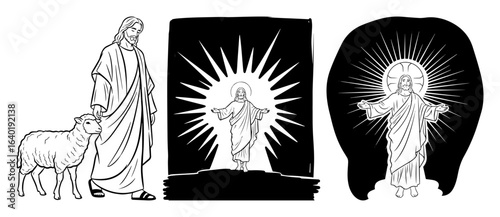 jesus christ the good shepherd christian art set vector black illustration shape for laser cutting and engraving