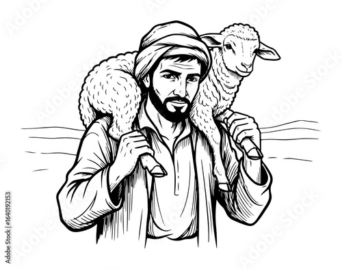 jesus christ the good shepherd carrying a lamb biblical art vector black illustration shape for laser cutting and engraving