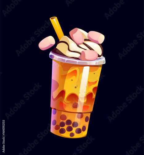 Milk bubble tea glass with marshmallows, caramel or cocoa cream, cartoon vector dessert drink. Milk bubble tea cut with drinking straw or milkshake with boba pearls and vanilla flavor for dessert