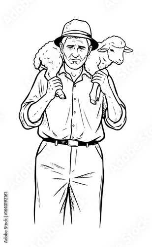 shepherd man carrying a lamb on his shoulders rural scene vector black illustration shape for laser cutting and engraving