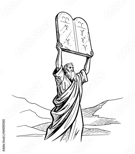 moses holding the ten commandments on mount sinai biblical art vector black illustration shape for laser cutting and engraving