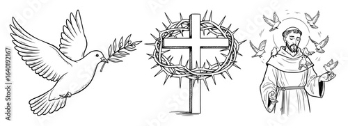 christian religious symbols set dove cross and saint francis vector black illustration shape for laser cutting and engraving