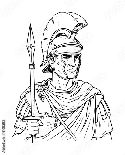 roman centurion soldier with spear portrait line art