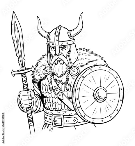 viking warrior with shield and spear line drawing