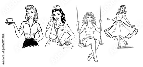 retro pin up girls collection vintage woman relaxing set vector black illustration shape for laser cutting and engraving
