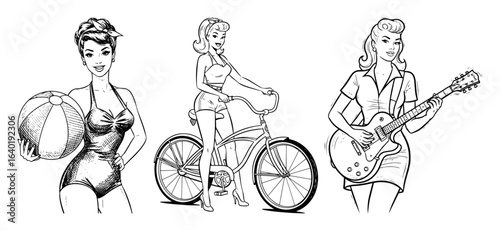 pinup women basketball bicycle guitar vector collection