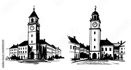 old european town square with clock tower vector