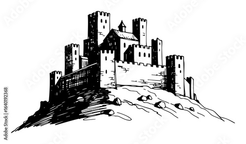 medieval castle on a hill sketch vector illustration