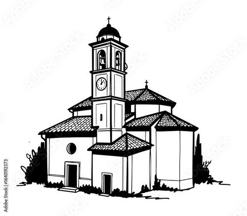 italian church with bell tower architecture sketch vector black illustration shape for laser cutting and engraving