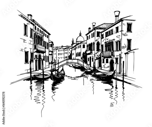 venice canal with gondolas and bridge italy sketch vector black illustration shape for laser cutting and engraving