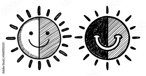 hand drawn smiling sun doodle vector icons