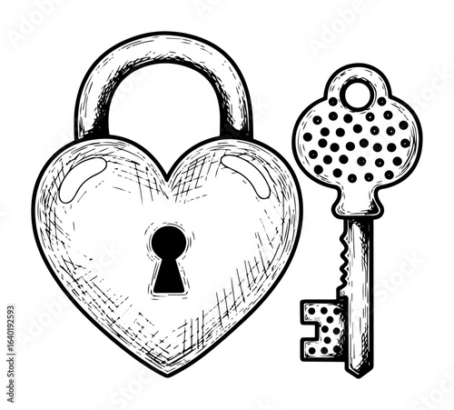heart shaped lock and key love symbol sketch vector black illustration shape for laser cutting and engraving