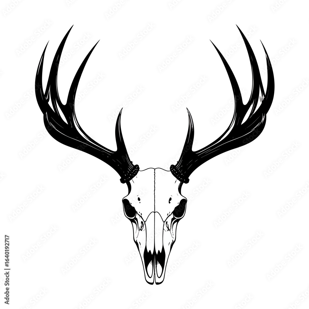 Fototapeta premium Stylized black and white deer skull with large, dark antlers in a symmetrical frontal view.