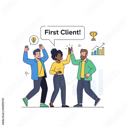 Vibrant team celebrates landing their first client with high fives, trophy, and rising profits, showcasing startup success and teamwork in a modern, scalable vector graphic