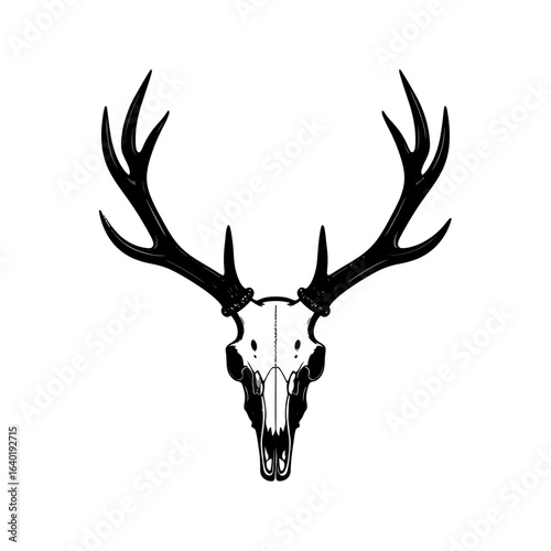 Monochrome graphic illustration of a deer skull with large, symmetrical antlers, depicted in a bold, high-contrast style.