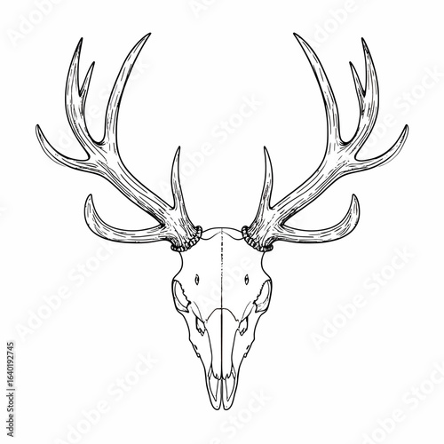 Symmetrical black and white line art illustration of a deer skull with large, textured antlers.