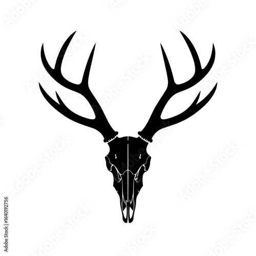 Symmetrical black silhouette of a stag skull with large, multi-pointed antlers.