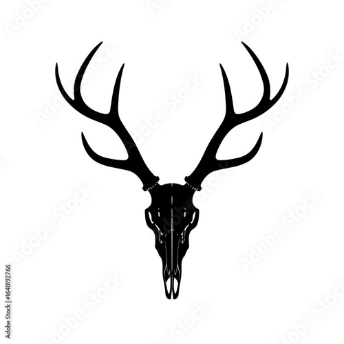 Symmetrical black silhouette of a deer skull with large, pointed antlers. Graphic vector illustration.