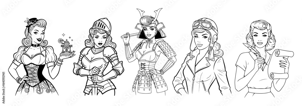 set of beautiful women in different costumes vector characters set of beautiful women in different costumes vector characters