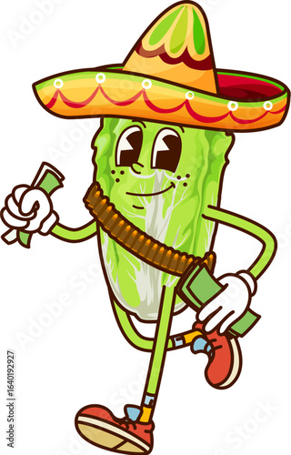 Cartoon groovy bandit lettuce or Chinese cabbage cowboy and bandit vegetable character wearing Mexican sombrero and ammo belt, holding money bundles. Vector Funky veg outlaw personage with retro vibe