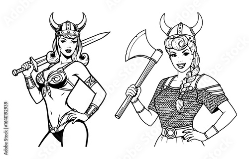 beautiful viking warrior woman with sword and axe sheildmaiden vector black illustration shape for laser cutting and engraving