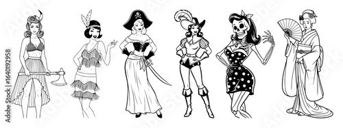 set of pinup women in carnival and fantasy costumes vector