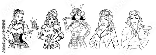 set of beautiful women in different costumes vector characters