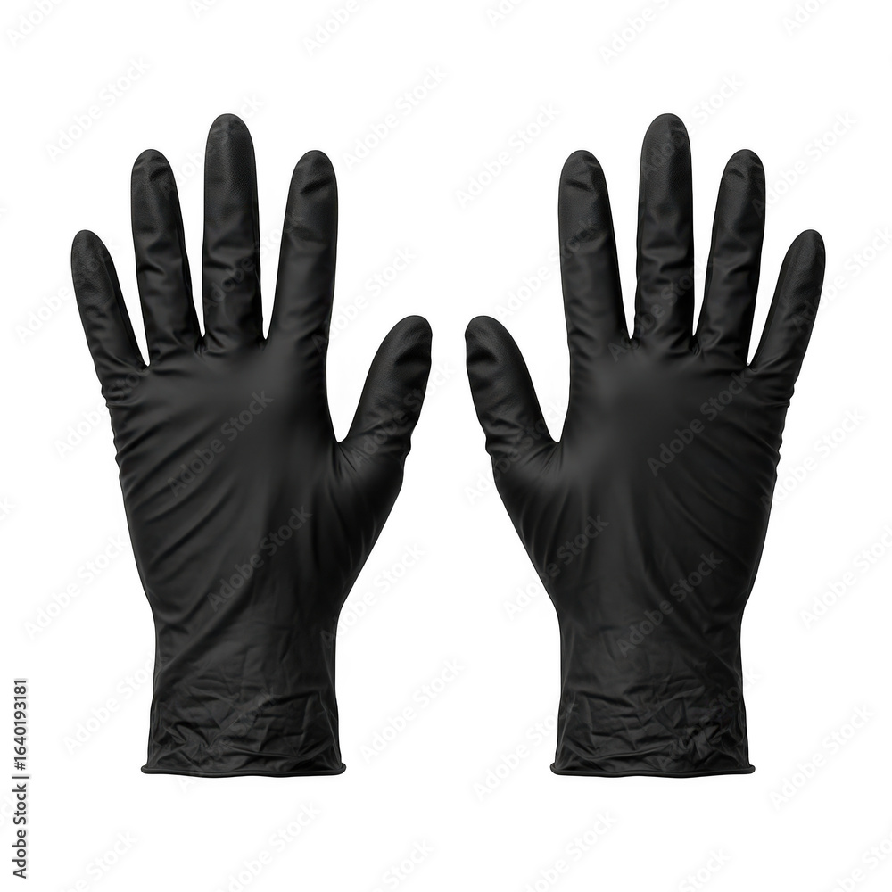 Obraz premium Detailed view of black textured latex medical examination gloves showing finger and palm grip patterns isolated on transparent background