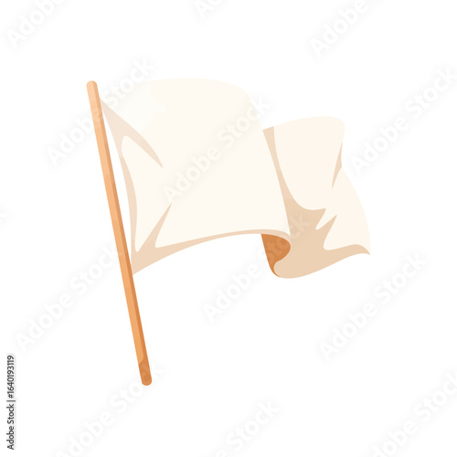 A white flag waving on a wooden flagpole isolated on a white background