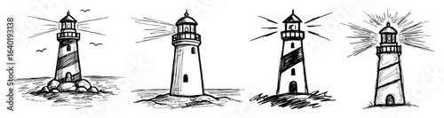 lighthouse hand drawn vintage set