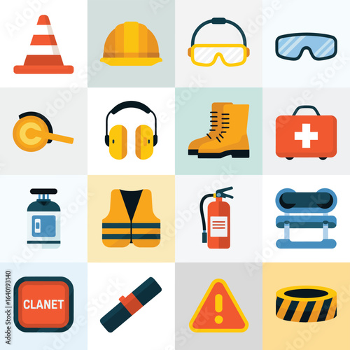 Collection of safety equipment and construction icons for work safety