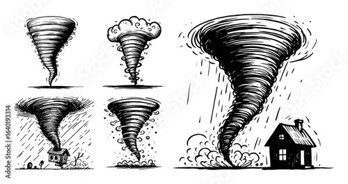 tornado and twister storm disaster weather sketch set vector black illustration shape for laser cutting and engraving