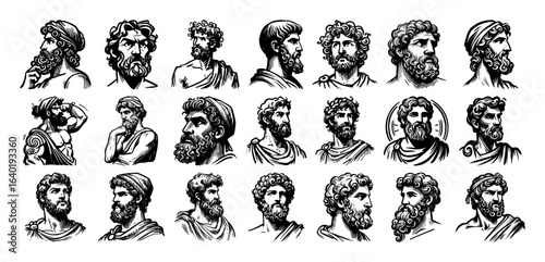 ancient greek gods and philosophers portraits collection mythology vector black illustration shape for laser cutting and engraving