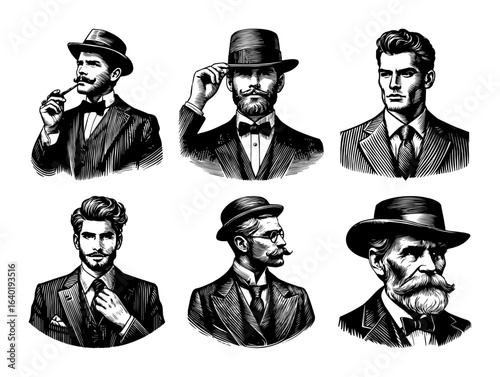 set of vintage gentlemen portraits vector characters