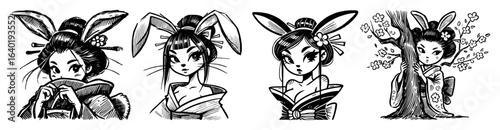 anime girls with bunny ears sketch set