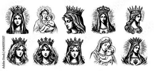 virgin mary crowned vector portrait set