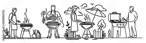 barbecue party scene people cooking at grill outdoor picnic vector black illustration shape for laser cutting and engraving