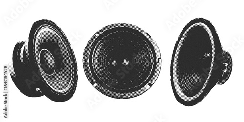 Retro halftone old speaker collage elements. Vintage speaker in halftone texture, grunge dotted pop art style.